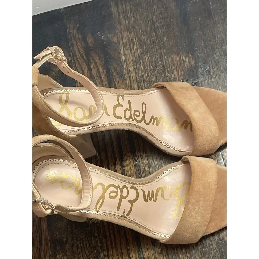 Sam Edelman Tan Suede Neutral Leather Block Heel Ankle Strap Sandals Size 7.5